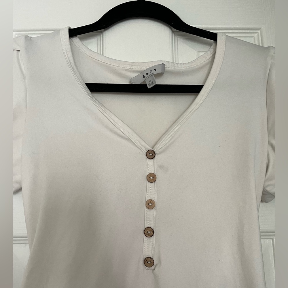 white short sleeve button front bodysuit with gathered puffy sleeves